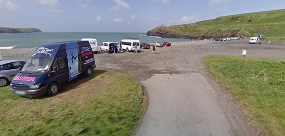 Celtic Quest Coasteering van parked at Abereiddy Beach, Pembrokeshire Wales