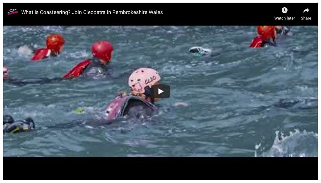 What is coasteering? Coasteering is everything you parents told you not to do at the beach as a child. Adventure swimming, rock hopping, scramble climbing, cliff jumping and more. Cleopatra narrates a movie describing the fun of coasteering in Pembrokeshire.